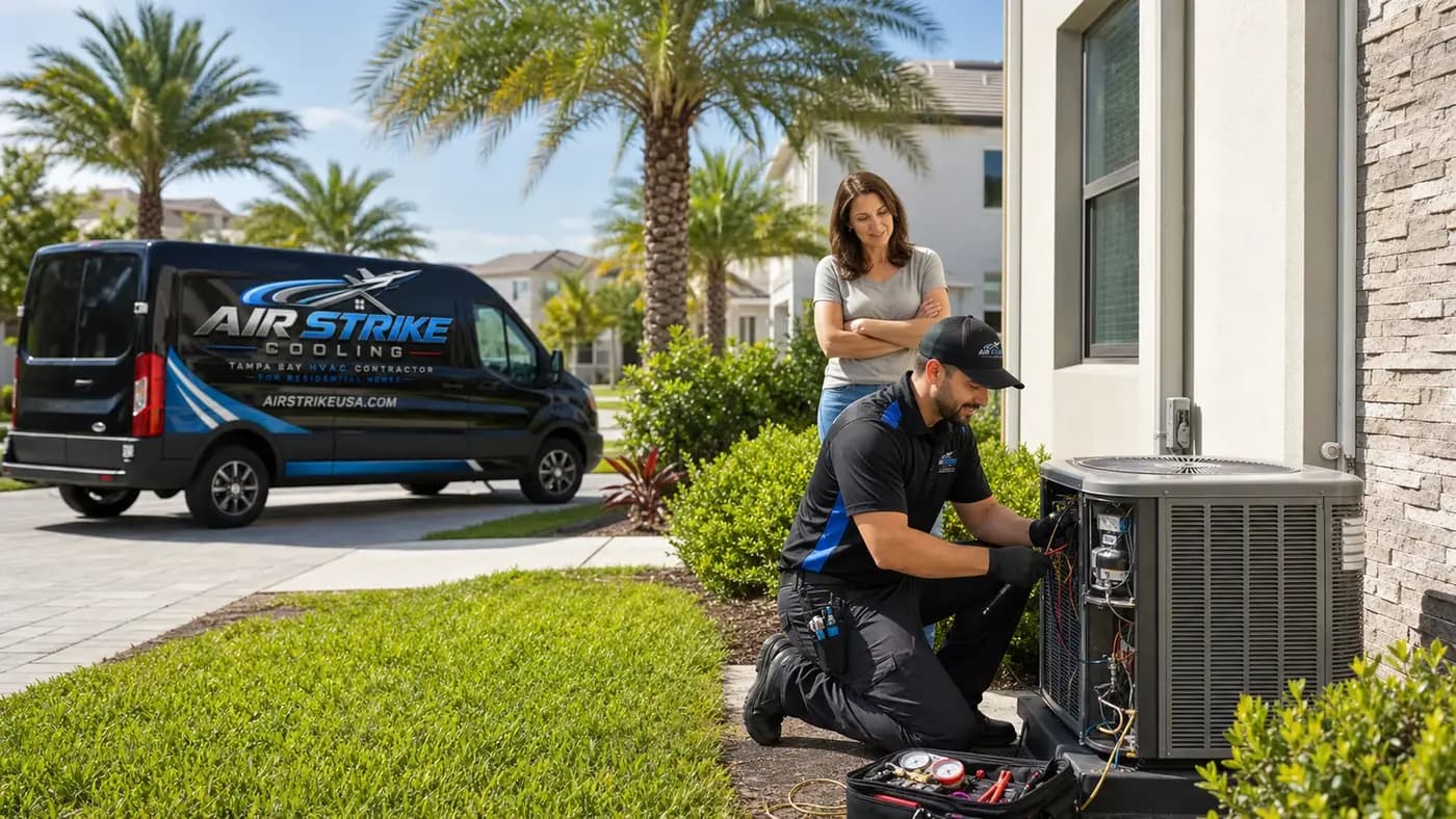 Illustrative Air Strike Cooling technician servicing an outdoor AC system