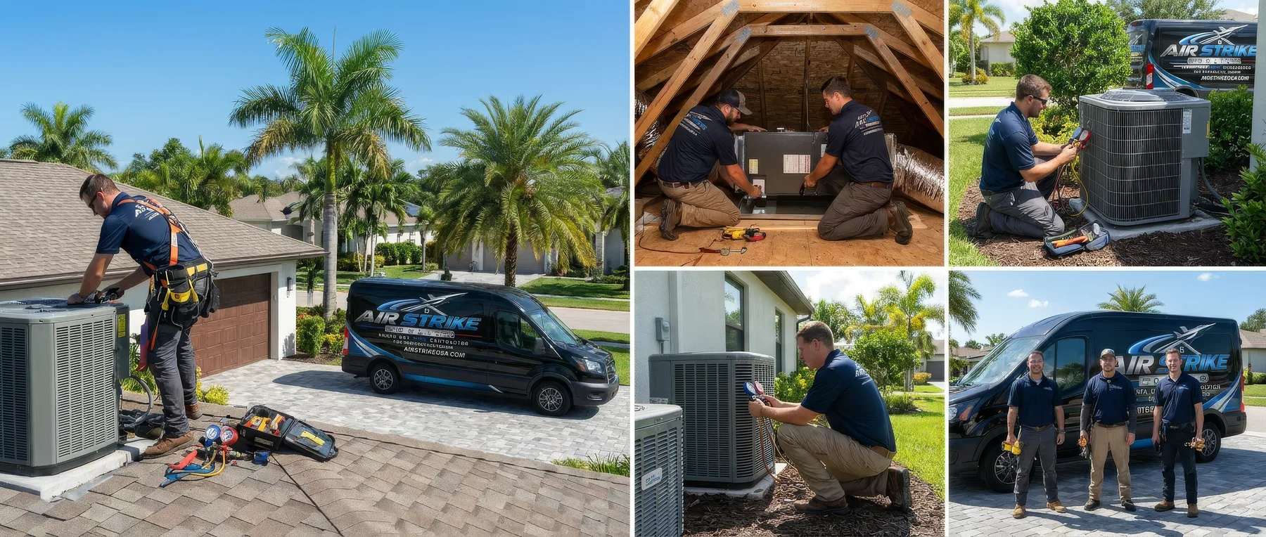 Branded Air Strike Cooling service visual showing attic air handler service