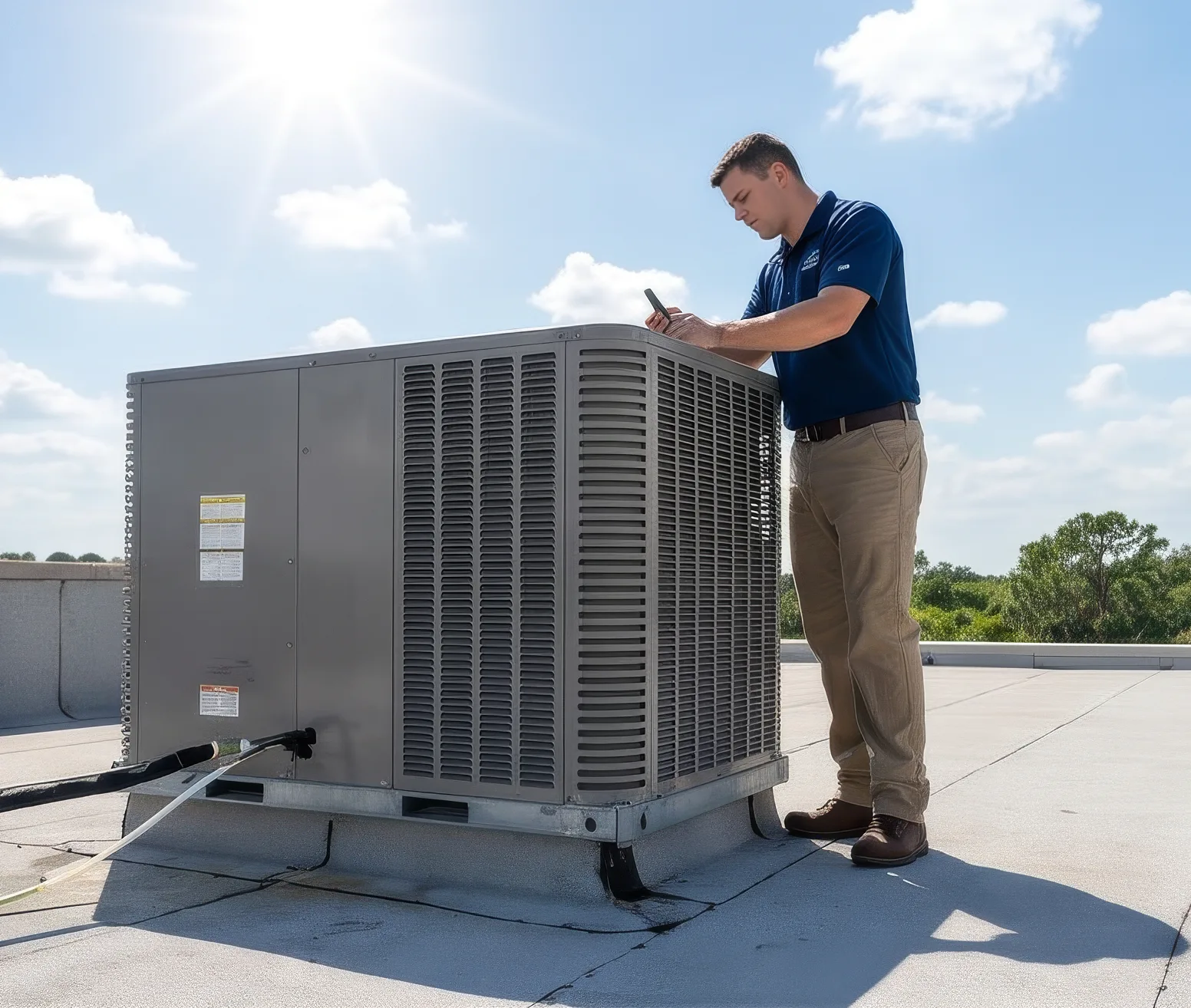 Branded Air Strike Cooling service visual showing outdoor condenser maintenance