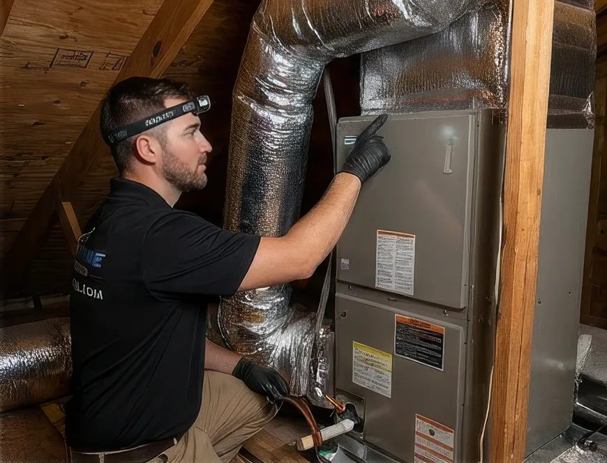 Branded Air Strike Cooling service visual showing residential AC service and a van