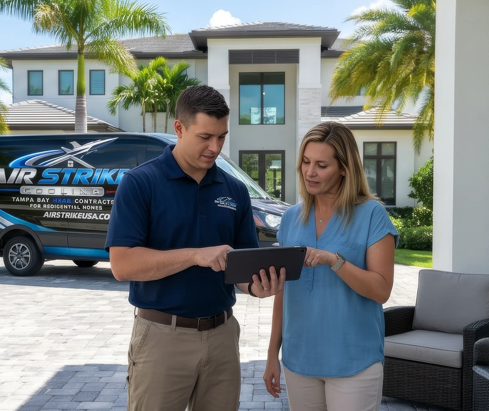 Branded Air Strike Cooling service visual showing a homeowner consultation