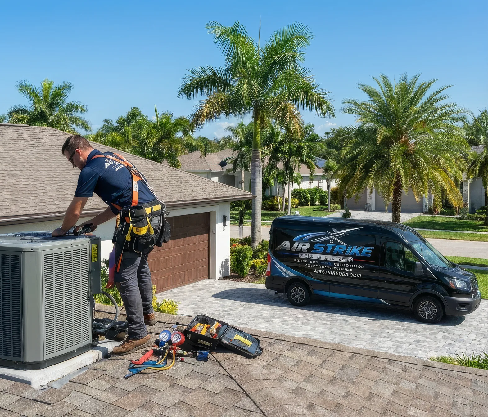 Branded Air Strike Cooling service visual showing an outdoor AC condenser diagnostic