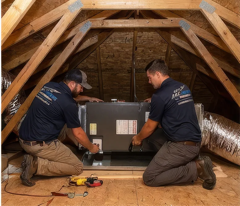 Branded Air Strike Cooling service visual with technicians and a service van