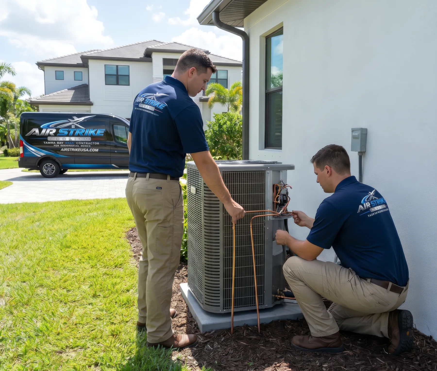 Branded Air Strike Cooling service visual showing AC service with a Tampa skyline backdrop