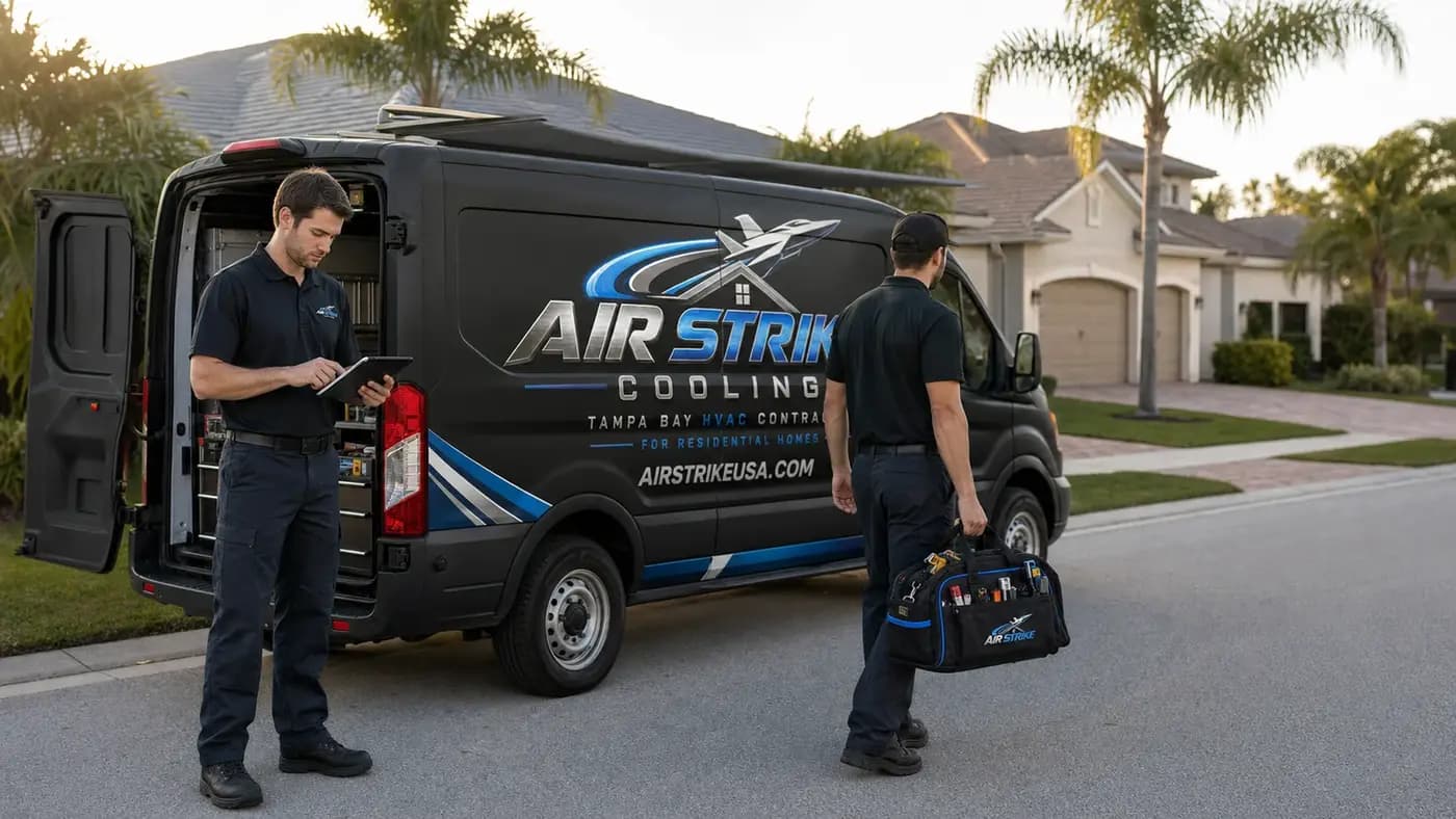 Illustrative Air Strike Cooling team and branded service van in a Tampa-style neighborhood
