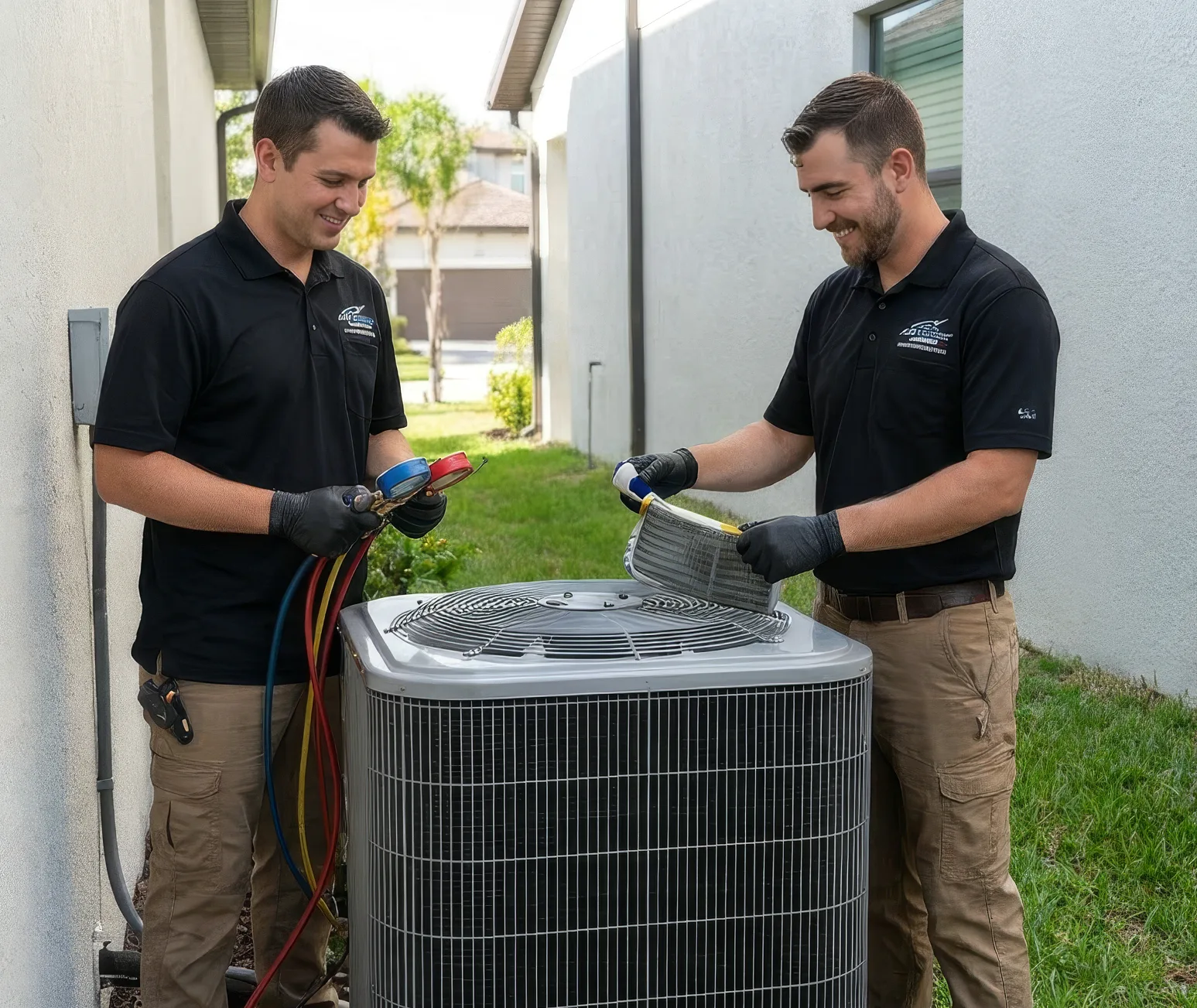 Collage of branded Air Strike Cooling HVAC service visuals